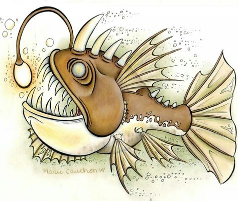 Angler Fish Drawing Easy, Cartoon Angler Fish, Angler Fish Painting, Angler Fish Drawing, Angler Fish Art, Drawing Octopus, Angler Fish Tattoo, Ocean Pottery, Fish Illustrations