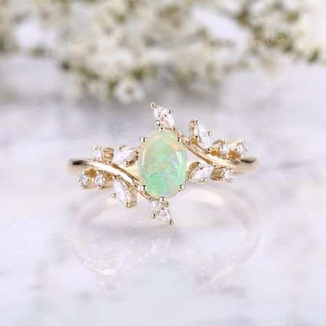 Vintage Oval Cut Opal Engagement Ring Art Deco Branch Vine | Etsy Promise Ring Opal, Pearl Wedding Bands, Moonstone Engagement Ring Set, Rose Gold Leaf, Nature Engagement Ring, Vine Ring, Engagement Ring Art Deco, Opal Engagement Ring, Cute Engagement Rings