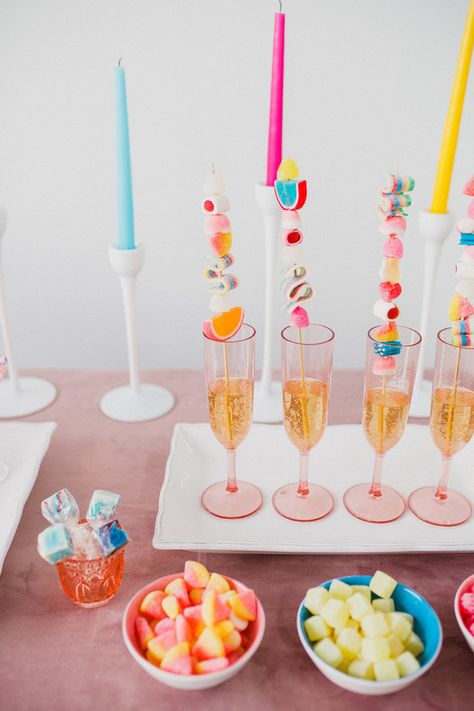 Candyland Bachelorette Party, Candy Bachelorette Party, Colorful Cocktail Party, Candles Tablescape, Yummy Gloss, Neon Candy, Colourful Candles, Mocktail Bar, Ideas Wedding Party