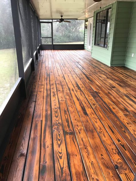 Torched Wood Floors, Wood Stained Concrete Floors, Burnt Wood Floors, Burnt Wood Flooring, Plywood Porch Floor, Lament Flooring Ideas, Burnt Plywood Floor, Stained Plywood Floors, Stained Wood Floors