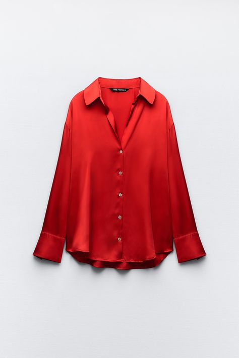 Silky Shirt Outfit, Red Satin Shirt Outfit, Satin Shirt Outfit, Satin Long Sleeve Top, Satin Button Down Shirt, Silky Shirt, Draping Fashion, Satin Long Sleeve, Silky Blouse