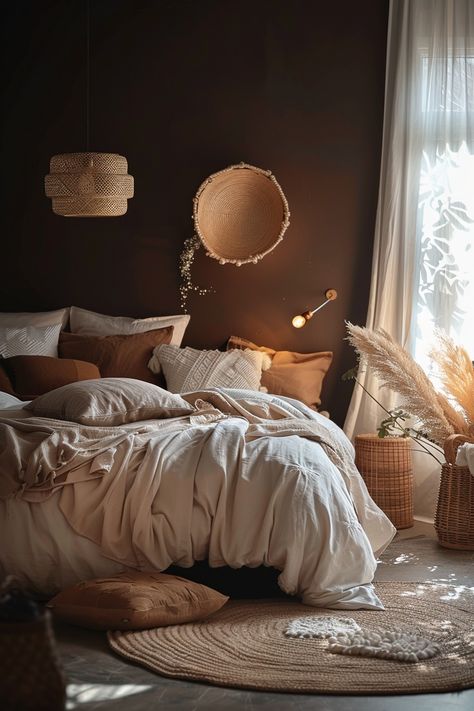 Inspiring Dark Moody Bedroom Color Palettes - Quiet Minimal Dark But Bright Bedroom, Cozy Moody Bedroom Ideas, Moody Terracotta Bedroom, Moody Bohemian Bedroom, Boho Bedroom Color Schemes, Brown Wall Bedroom, Bougie Bedroom, Earth Tones Bedroom, Brown Bedroom Walls