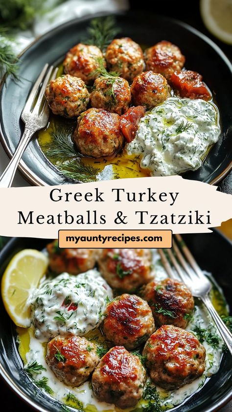 Enjoy a taste of the Mediterranean with our Savory Greek Turkey Meatballs & Tzatziki Sauce! These flavorful meatballs are made with lean turkey and infused with traditional Greek spices, making them a healthy and delicious option for dinner. Paired with a creamy, refreshing tzatziki sauce made from yogurt, cucumber, and herbs, this dish is perfect for serving as an appetizer or main course. Turkey Meatball Sauce, Greek Meatballs Recipe, Mediterranean Meatballs, Greek Turkey Meatballs, Turkey Meatballs Healthy, Greek Spices, Healthy Meatballs, Greek Turkey, Tzatziki Sauce Recipe