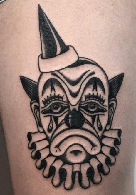 Traditional Tattoos Clown, Traditional Style Clown Tattoo, Trad Clown Tattoo, Happy Clown Tattoo, Scary Traditional Tattoo, Creepy Traditional Tattoo, Dark American Traditional Tattoo, Gothic American Traditional Tattoo, Weird Traditional Tattoo