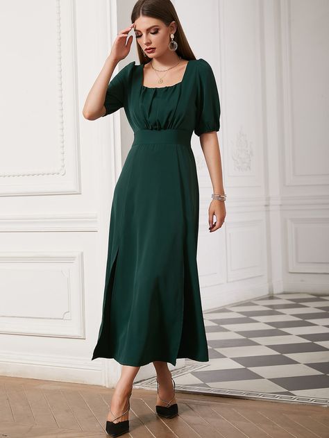 Dark Green Elegant  Short Sleeve Polyester Plain A Line  Non-Stretch Spring/Summer Women Dresses Dark Green Modest Dress, Green Modest Dress, Promotion Dresses, Green Dress Outfit, Square Neckline Dress, Dark Green Wedding, Elegant Dresses Short, Outfit Wedding Guest, Dark Green Dress