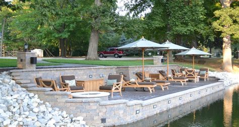 Tiered Retaining Wall, Lake Landscaping, Dock Ideas, Lakehouse Ideas, Lake Dock, Lake Ideas, Lakeside Living, Lake Front, Lake Houses