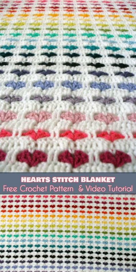 Heart Stitch and Blanket [Free Crochet Pattern and Video Tutorial] Crochet Couch Blanket Free Pattern, Crochet Kids Blanket, Crochet Heart Blanket, Heart Stitch, Heart Blanket, Stitch Blanket, Crochet Heart Pattern, Pretty Crochet, Crochet For Beginners Blanket