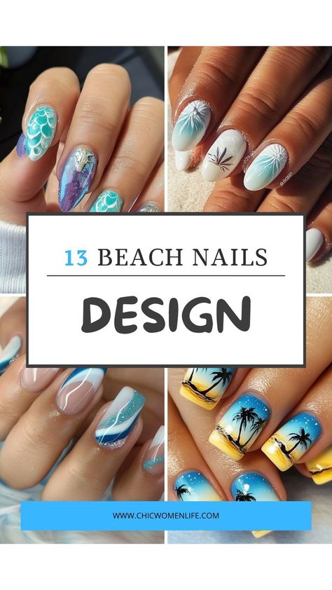 13 beach nail ideas for summer Blue Nails Ocean, Beach Gel Nails, Beach Holiday Nails, Beachy Nail Designs, Beach Nail Ideas, Nails Summer Beach, Sea Nail Art, Vacation Nail Art, Nails Ocean