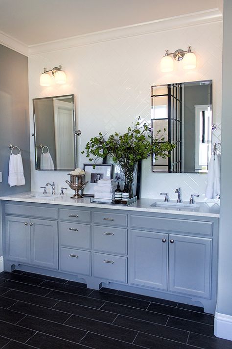 Pottery Barn Bathroom, Tile Accent Wall, Buy My House, Double Sinks, Master Bath Remodel, Brown Bathroom, White Subway Tile, Tile Wall, Bathroom Redo