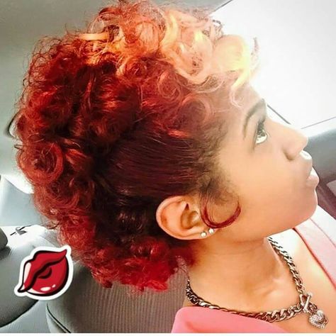 Love the color blend Red Orange Hair Black Women, Orange Hair Black Women, Ginger Hair Black Women, Mohawk Hairstyles For Black Women, Curly Mohawk Hairstyles, Voice Of Hair, Black Women Curly Hair, Red Orange Hair, Curly Mohawk