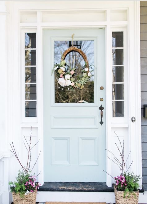 Bright Farmhouse, Pretty Door, Blue Front Door, Front Door Makeover, Brown Roof, Painted Front Doors, Grey Houses, House Front Door, Front Door Colors