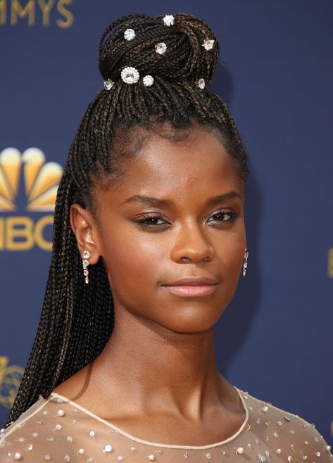 Ways To Style Box Braids, Holiday Party Hairstyles, Style Box Braids, Hair Paste, Low Chignon, Letitia Wright, Knot Bun, Red Carpet Hair, Hair Powder