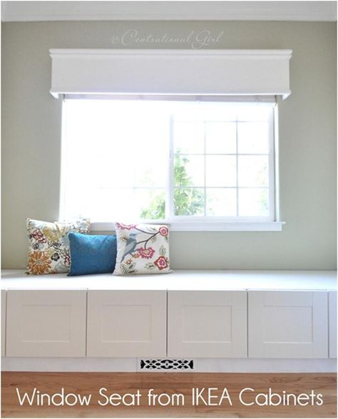 DIY Window seat from IKEA cabinets. It even has a grate for heat/air vents underneath. Diy Window Seat, Built In Window Seat, Window Bench Seat, Ikea Regal, Bantal Sofa, Window Benches, Hemma Diy, Ikea Cabinets, Ikea Storage