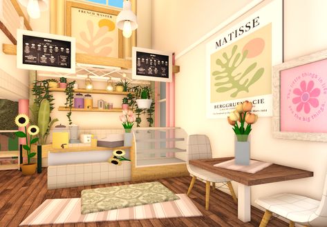 Bloxburg build! More builds like this on my insta- link in bio Roblox Bloxburg Small Cafe Ideas, Pastel Cafe Bloxburg, Bloxburg Smoothie Bar, Bloxburg Juice Bar, Fun Bloxburg Builds, Cute Bar Ideas, Cafe Bloxburg Interior, Bloxburg Cafe Interior Ideas, Bloxburg Cafe Exterior Ideas