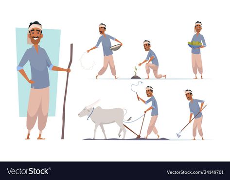 Indian 2d Character Design, Indian Farmer Illustration, Farmer Illustration Character, Farmer Character, Farmer Illustration, Character Turnarounds, Gir Cow, Illustration Video, 2d Character Animation