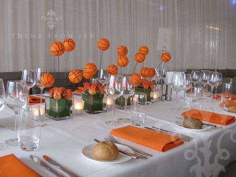 Homecoming Centerpieces, Basketball Party Ideas Table Decorations, Basketball Centerpiece Ideas Banquet, Basketball Banquet Centerpieces, Basketball Centerpiece Ideas, Basketball Banquet Ideas, Basketball Dinner Decorations, Sports Banquet Decorations, Sports Banquet Centerpieces