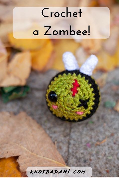 Avoid being stung by this zombee! Here is a take on a zombie bumblebee. Learn how to get started with amigurumi! Create your own cute little basic body for a doll with this free crochet pattern! this easy and beginner friendly DIY project is perfect for any crocheter and works with any type of worsted weight yarn for creating dolls and toys. This amigurumi is perfect for home decor as well. It can work up quickly. Working with the single crochet and in the round. Free Fall Amigurumi Patterns, Crochet Halloween Amigurumi Free Pattern, Crochet Halloween Stuffies, Bong Crochet Pattern Free, Crochet Bong Free Pattern, Crochet Zombee Pattern Free, Spooky Crochet Patterns Free, Zombie Crochet Pattern Free, Crochet Halloween Bee Pattern Free