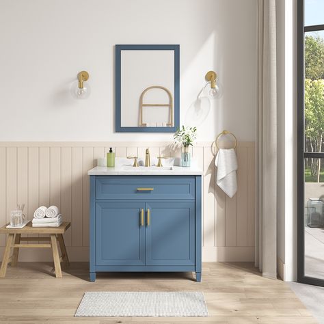 Powder Room Redo, Removable Backsplash, Painted Vanity Bathroom, Antique Bathroom Vanity, Blue Bathroom Vanity, Oval Room Blue, Painted Bathroom, Small Bathroom Sinks, Loft Bathroom