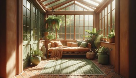 terracotta and sage green sunroom Sage And Terracotta Living Room, Green Sunroom, Sage Green And Terracotta, Terracotta Living Room, Green And Terracotta, Sage House, Terracotta Floors, Roof Colors, Blue Curtains