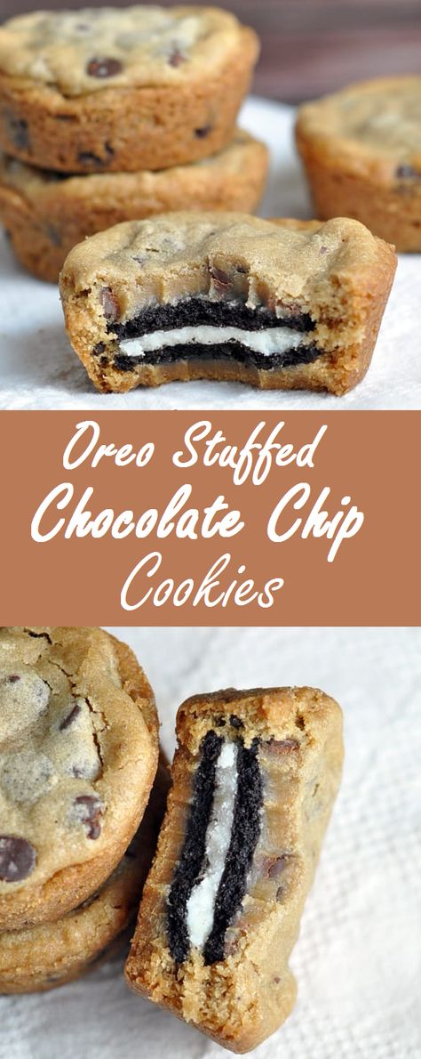 Oreo Stuffed Chocolate Chip Cookies - Easy Recipes Chocolatechip Cookies, Stuffed Chocolate Chip Cookies, Oreo Stuffed Chocolate Chip Cookies, Diy Dessert, Easy Chocolate Chip Cookies, Oreo Recipes, God Mad, Oreo Dessert, Chocolate Chip Recipes