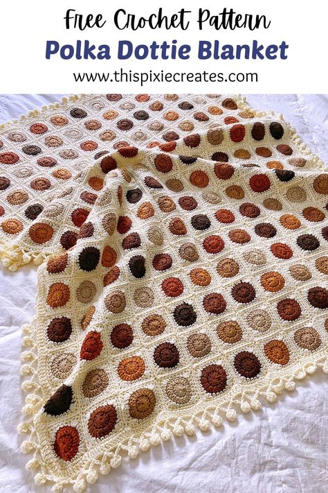 If you love a good scrap-buster pattern, and you aren’t afraid to weave in some ends, then the Polka Dottie Blanket is the perfect project for you. In this post, you’ll learn how to crochet a circle granny square blanket, made from individual squares that are joined together as you crochet. The free pattern includes step-by-step pictures and a video tutorial. Crochet Polka Dot Blanket, Polka Dot Crochet Blanket, Polka Dot Granny Square, Crochet Baby Blanket Free Pattern Granny Squares, Crochet Granny Square Blanket Tutorial, Crochet Granny Square Tutorial Videos, Crochet Baby Blanket Free Pattern Granny Square Video Tutorials, Boho Crochet Blanket Patterns Free, Autumn Granny Squares