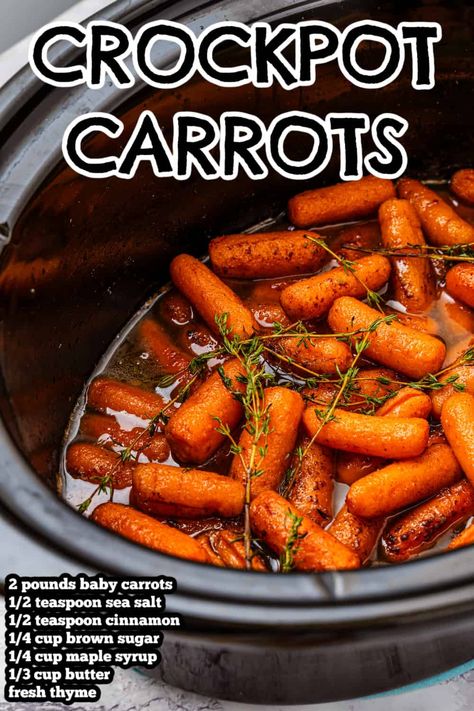 These Crockpot Carrots are made with a sweet maple syrup, brown sugar, and cinnamon glaze. They're the perfect combo of savory and sweet! Carrot Crockpot Recipes, Carrots In Crockpot, Carrots Crockpot, Crockpot Glazed Carrots, Crockpot Carrots, Cooked Baby Carrots, Carrots Slow Cooker, Crockpot Veggies, Glazed Baby Carrots