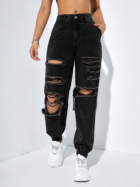 Black  Collar  Denim Plain Jogger Embellished Non-Stretch  Women Clothing Black Tipped Jeans, Ripped Jeans Outfit Black, Ripped Black Jeans Outfit, Ripped Jeans Ideas, Black Ripped Jeans Outfit, Ripped Black Jeans, Cute Ripped Jeans, Vestiti Edgy, Ripped Jeans Outfit