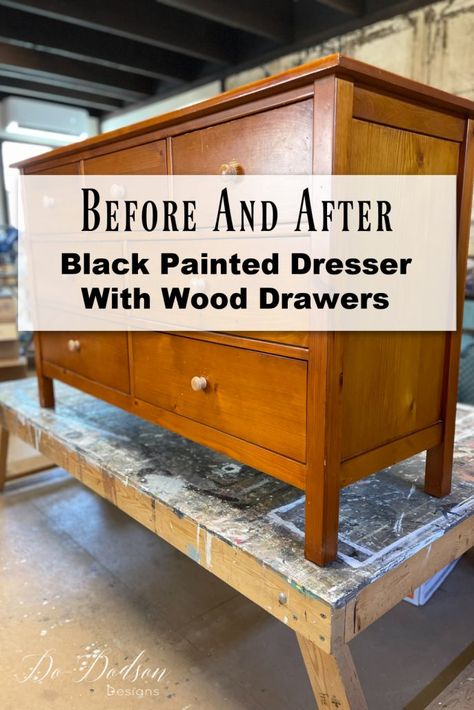 Dresser Flip Black And Wood, Wood Dresser With Black Drawers, Redo A Dresser Ideas, Black And Wood Dressers, Dresser Rehab Ideas, Dresser Makeover Black And Wood, Black And Wood Dresser Makeover, Black Dresser Ideas, Diy Nursery Dresser