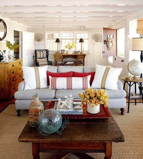 Beach Haven Beach Cottage living room red accents Living Room With Red Accents, Room With Red Accents, Midwest Living Magazine, Spanish Decor, Popular Interior Design, Decoration Shabby, Midwest Living, Urban Interiors, Cottage Living Rooms