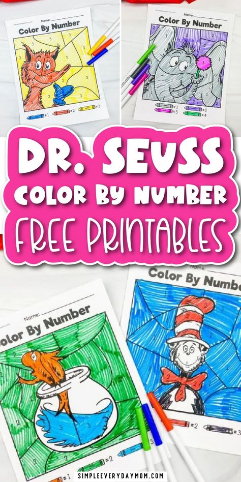 We love Dr. Seuss books! We’ve read them to each of our kids and we love creating kids crafts and kids activities to revolve around them. If your family or students also love these books, then they’ll love using these free printable Dr. Seuss color by number printables for kids! Also, be sure to check out all of our color by number worksheets for even more fun! Make sure to try all our March Crafts for Kids. Dr Suess Art For Kids, Dr Seuss Week Activities Preschool, Dr Suess Activities, March Crafts For Kids, Dr Seuss Art, Number Printables, Dr Seuss Activities, Dr Seuss Crafts, Fun Worksheets For Kids