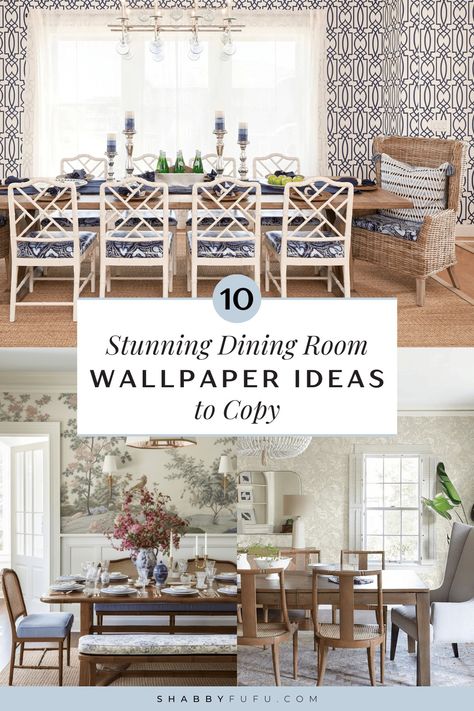 10 Stunning Dining Room Wallpaper Ideas to Copy Traditional Dining Room With Wallpaper, Dining Room Decor With Wallpaper, Elegant Dining Room Wallpaper, Mural In Dining Room, Transitional Dining Room Wallpaper, Dining Room Wallpaper Inspiration, Bold Wallpaper Dining Room, Half Wallpaper Half Paint Dining Room, Wallpaper Ideas For Dining Room