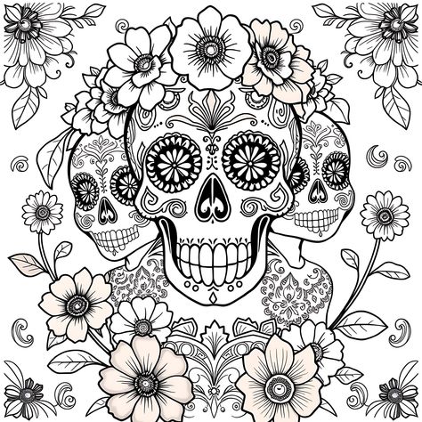 Calavera surrounded by ornate floral patterns (free printable PDF black-and-white line drawing coloring page suitable for all, from beginners to advanced learners, including children, teens, adults, and seniors) Skull Coloring Pages Free Printable, Zebra Coloring Pages, Skull Coloring, Blank Coloring Pages, Skull Coloring Pages, Coloring Pages Free Printable, Adult Coloring Book Pages, Black And White Lines, Cat Colors