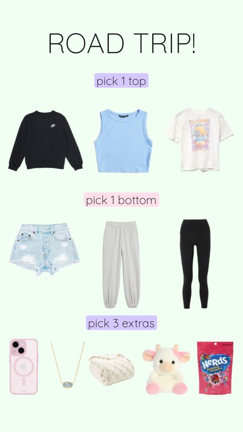 pick what ur bringing on a road trip! 🫶🏻 Preppy Road Trip, School Road Trip, Everyday Outfits Fall, What To Pack For Vacation, Road Trip Outfit, Trip Packing, Road Trip Packing, Sleepover Things To Do, Trip Outfits