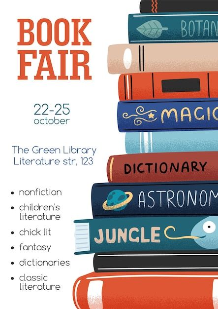 Promo poster for book fair with stack of... | Premium Vector #Freepik #vector #textbook #library #book #cartoon-poster Book Fair Poster Ideas, Library Poster Design Ideas, Book Event Poster, Book Fair Poster Design, Book Donation Poster, Book Club Design, Bookfair Poster, Library Graphic Design, Book Advertising Poster