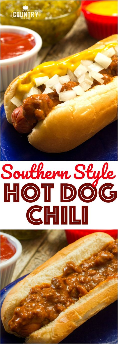 Southern Style Homemade Hot Dog Chili with Ground Beef and No Beans recipe from The Country Cook #groundbeef #easy #chili #hotdog #recipe Chili Recipe For Hot Dogs, Southern Chili Recipe, Southern Hot Dog Chili, Chili Hotdogs, Southern Chili, Ground Beef Chili Recipe, Chili Recipe No Beans, Hot Dog Chili Sauce Recipe, Homemade Hot Dog Chili