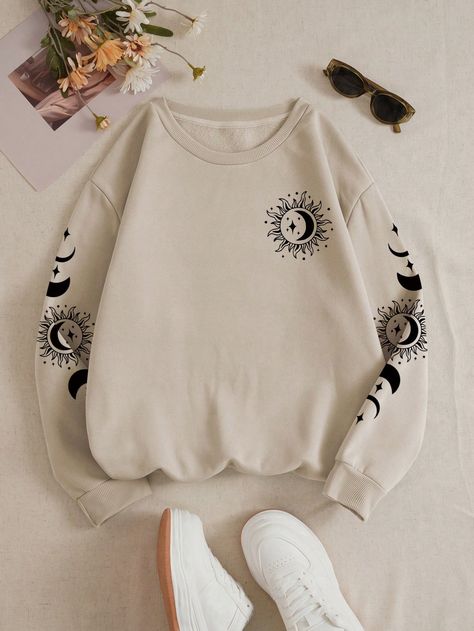 Plus Sun & Moon Print Thermal Lined SweatshirtI discovered amazing products on SHEIN.com, come check them out! Coffee Sweatshirt, Round Neck Sweatshirts, Moon Print, Oversized Sweatshirt, Sun Moon, Upcycle Clothes, Black Backpack, Casual Shoes Women, Winter Women