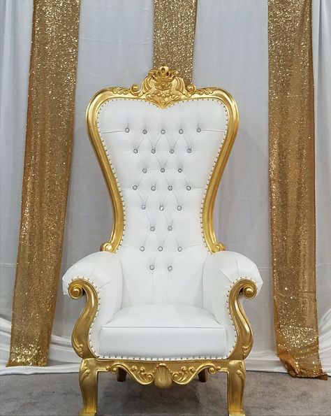 Gold and White Throne Chair great for bridal showers, baby showers, guest of honor and more! Bridal Chairs, Bridal Furniture, Chair Background, Throne Chairs, White Throne, White Thrown Chair, Gold Throne Room, King Chair Royals, Gold Throne