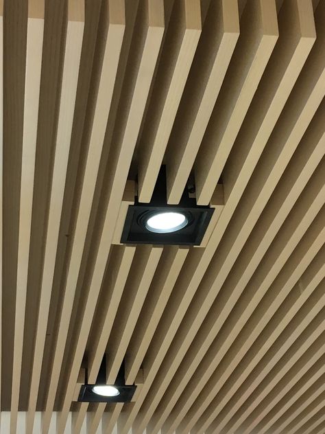 gimbal downlight installed within slat Slatted Ceiling Lighting, Wood Slat Ceiling Lighting, Slat Ceiling, Wood Slat Ceiling, Slatted Wall, Recess Lighting, Quonset Hut, Gypsum Ceiling, Timber Slats