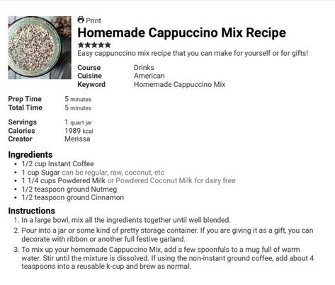 Dry Cappuccino Mix Recipe, Homemade Cappuccino Recipe, Sugar Free Cappuccino Mix Recipe, Instant Cappuccino Mix Recipe, Homemade Cappuccino Mix Recipe, French Vanilla Cappuccino Mix Recipe, Cappuccino Mix Recipe, Homemade Cappuccino, Jar Mixes