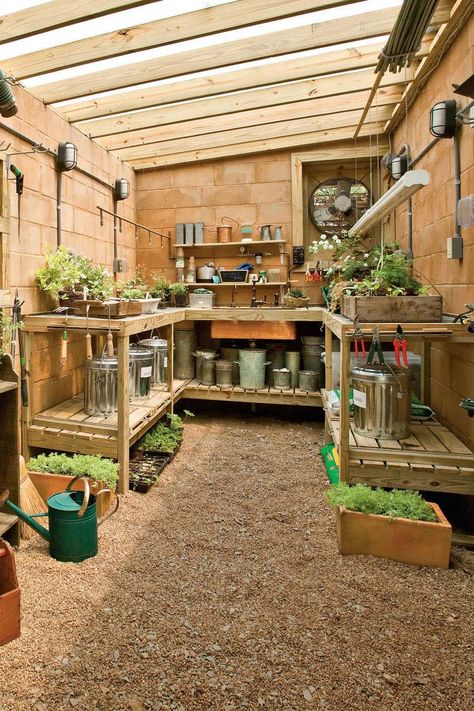 28 Brilliant And Inspiring Storage Ideas For Your Potting Shed Tiny Garden Shed Ideas, Greenhouse Storage Ideas, Potting Shed Ideas, Potting Shed Interior Ideas, Garden Shed Interiors, Potting Benches, Storage Shed Organization, Outdoor Greenhouse, Shed Interior