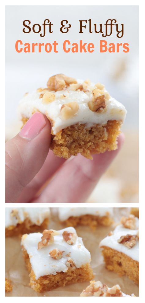 The BEST carrot cake bars and you don't have to shred a single carrot! Use carrot baby food! Soft, fluffy---your family will love these! Carrot Baby Food, Carrot Cake Recipe From Scratch, Carrot Cake Bars Recipe, Carrot Bars, Classic Carrot Cake Recipe, Carrot Baby, Vanilla Frosting Recipes, Everyday Cakes, Baby Carrot Recipes