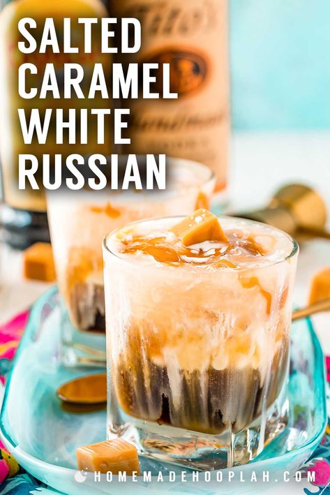 Salted Butterscotch White Russian, Warm White Russian Recipe, Ole Smoky Salted Caramel Whiskey Recipes, Carmel Alcoholic Drinks, Salted Caramel Liquor Drinks, Salted Caramel Kahlua Drinks, Salted Caramel White Russian Recipe, Fall White Russian Cocktails, Salted Caramel Drinks Alcohol