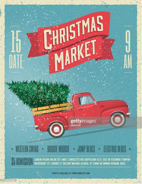 stock illustration : Vintage Styled Christmas Market Poster or Flyer Template with retro red pickup truck with christmas tree on board. Vector illustration. Christmas Market Poster, Christmas Poster Design, Truck With Christmas Tree, Red Pickup Truck, Freelance Design, Christmas Graphic Design, Christmas Date, Japan Illustration, Market Poster