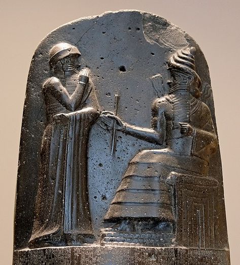 Hammurabi (standing), depicted as receiving his royal insignia from Shamash (or possibly Marduk). Hammurabi holds his hands over his mouth as a sign of prayer (relief on the upper part of the stele of Hammurabi's code of laws). Ancient Near East, Ancient Mesopotamia, Presents For Men, Mesopotamia, Ancient History, Iraq, Archaeology, Art History, Buddha Statue