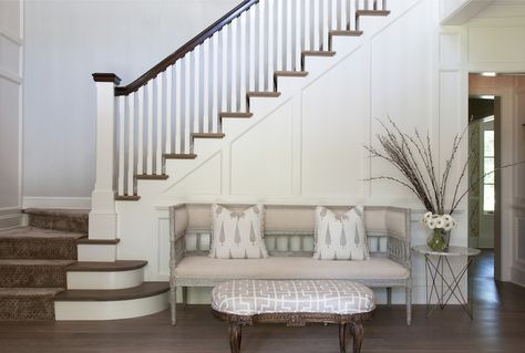 Foyer Settee, Transitional, entrance/foyer, Nightingale Design تحت الدرج, Entry Stairs, Foyer Decorating, Entrance Foyer, Entry Hallway, Interior Stairs, Under Stairs, Entry Foyer, Staircase Design