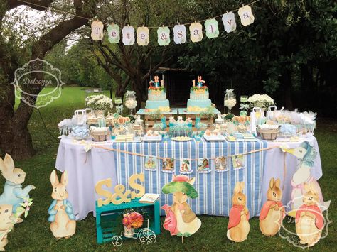 What an incredible Peter Rabbit birthday party! See more party planning ideas at CatchMyParty.com! Peter Rabbit Theme Party, Peter Rabbit Birthday Party, Beatrix Potter Birthday, Rabbit Birthday Party, Easter Birthday Party, Bunny Birthday Party, Peter Rabbit Birthday, Rabbit Birthday, Peter Rabbit Party