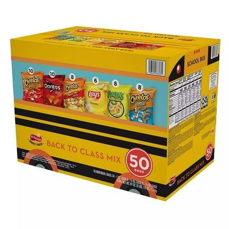 Frito-Lay Back to Class Mix Variety Pack (50 Count) The Frito-Lay Back To Class Mix Variety Pack provides the perfect portion size and variety to keep your entire family happy. No matter what the occasion, from the pantry, to your next party with friends, to the lunch box, all you have to do is grab a pack and go! With your favorite varieties of Doritos, Cheetos, Lay's and Funyuns included in this mix, there are chips and snacks for everyone to enjoy. This classic variety pack has pleased taste Lays Flavors, Cheetos Puffs, Cheetos Crunchy, Hot Cheese, Bacon Potato, Frito Lay, Party With Friends, Cheese Cultures, Junk Food Snacks