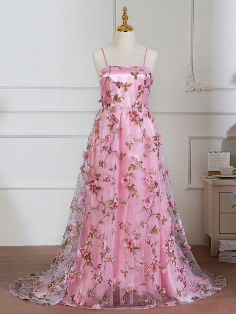 Pink Evening Gown, Prom Dress Pink, Pink Evening Gowns, 3d Applique, Rose Bonbon, Pink Prom Dresses, Pink Floral Dress, Pink Boho