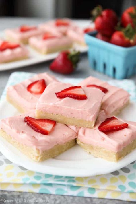 Strawberry Sugar Cookie Bars | Dessert Now, Dinner Later! Strawberry Oatmeal Bars Easy, Strawberry Cake Mix Cookie Bars, Pioneer Woman Strawberry Oatmeal Bars, Strawberry Sugar Cookie Bars, Strawberry Oat Bars Toddler, Strawberry Frosting Recipes, Sugar Cookie Bar Recipe, Making Sugar Cookies, Strawberry Sugar Cookies