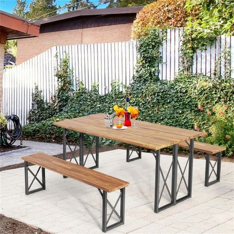 6 Person Outdoor Patio Dining Table Set with 2 Inch Umbrella Hole - Bed Bath & Beyond - 37563805 Metal And Wood Picnic Table, Patio Picnic Table, Outdoor Patio Dining Table, Picnic Table Bench, Patio Picnic, Table And Bench Set, Table Bench, Bench Set, Outdoor Picnic Tables